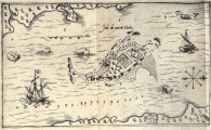 Samuel de Champlain's 1613 map,  Isle de sainte Croix.  Red beach Cove upper left
